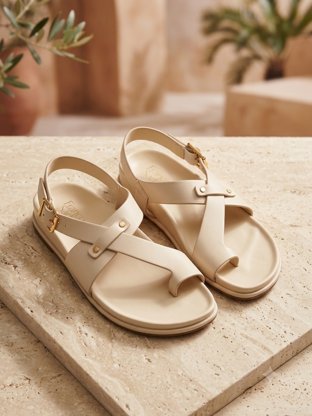 Franco Sarto Cream Cross-Strap Toe-Ring Sandals‎ with Gold Buckle